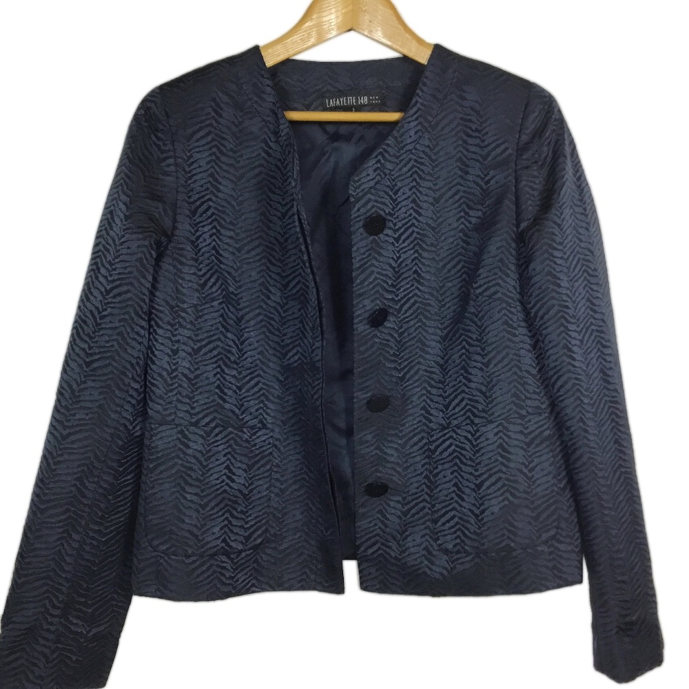 Lafayette 148 Blue Silk Blend Textured Crop Jacket